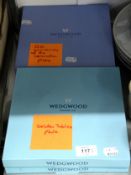 FOUR WEDGWOOD BLUE AND WHITE CHINA COMMEMORATIVE RACK PLATES, BOXED