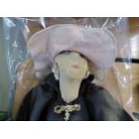 INTER-WAR YEARS FASHION DOLL WITH FABRIC HEAD and FLOUNCED HAT, BLACK SATIN DRESS AND UNDER