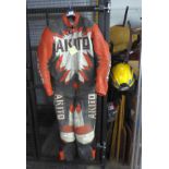 ATIKO VINTAGE BIKE LEATHERS IN RED, WHITE AND BLACK, UK40, AND A LAZER MOTORBIKE HELMET (2)