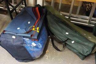THREE FOLDING CAMPING ARMCHAIRS, IN CANVAS BAGS; AN INFLATABLE DOUBLE CAMP MATTRESS AND A DOUBLE