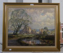R G TROW OIL PAINTING ON BOARD COTSWOLDS SIGNED AND DATED 1984 LOWER LEFT 20” X 24” (50.8cm x 60.