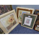A SET OF FOUR PRINTS ON SILK, FLOWER SUBJECTS, IN PINE FRAMES; A PAIR OF SMALL ARTIST SIGNED LIMITED