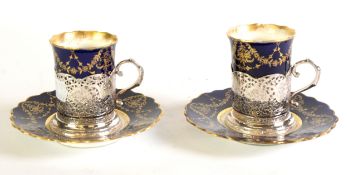PAIR OF AYNSLEY CHINA COFFEE CANS AND SAUCERS with Martins of Tehran ornate pierced and pictorial