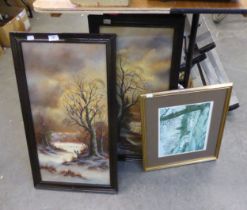 A PAIR OF INTER-WAR YEARS OIL PAINTINGS ON CANVAS LAID DOWN ON BOARD 'WINTER LANDSCAPES' SIGNED