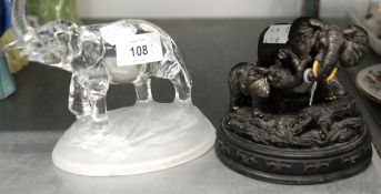 REGENCY FINE ART RESIN GROUP 'ELEPHANT AND BABY' AND A GLASS MODEL OF AN ELEPHANT ON FROSTED GLASS