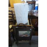 A LLOYD LOOM LAUNDRY HAMPER AND TWO WOOL-WORK FIRE SCREENS (3)