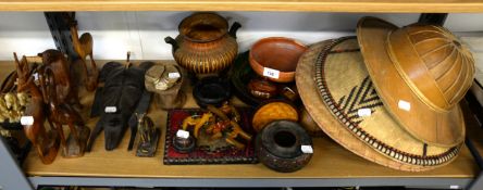 A SELECTION OF CARVED WOODEN ANIMALS, FACE MASK, BOWLS AND OTHER DECORATIVE ITEMS ETC...