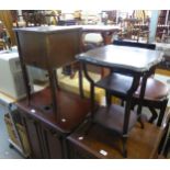 102-'s/30's THREE TIER MAHOGANY SIDE TABLE, PLUS A 1930's OAK FLOOR STANDING SEWING BOX (2)