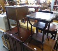 102-'s/30's THREE TIER MAHOGANY SIDE TABLE, PLUS A 1930's OAK FLOOR STANDING SEWING BOX (2)