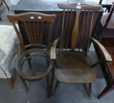 HARDWOOD CANE BACKED ROCKING CHAIR AND BENTWOOD SINGLE CHAIR (A.F.) (2)