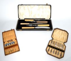 THREE CASED SETS OF CUTLERY, comprising: MATCHED FIVE PIECE CARVING SET, with bone handles, SET OF