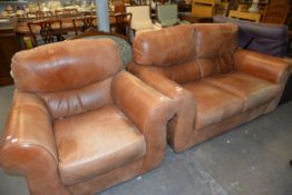 SOFIA-ITALIA BROWN/TAN LEATHER 2 PIECE SUITE, COMPRISING; A TWO SEATER SOFA AND AN ARMCHAIR (2)