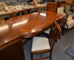GOOD REPRODUCTION MAHOGANY TWIN PILLAR, TWO LEAF, DINING TABLE AND SIX CHIPPENDALE STYLE DINING