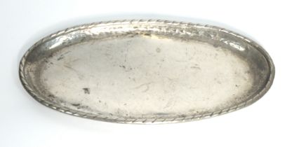 HUGH WALLACE, PLANISHED STAINLESS STEEL SMALL OVAL SHALLOW TRAY, with rope twist type border, 12”