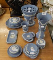 A GOOD SELECTION OF WEDGWOOD PALE BLUE AND WHITE JASPERWARE TO INCLUDE; TWO CONICAL VASES, VARIOUS