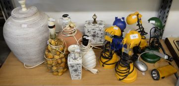 A PAIR OF IKEA ADJUSTABLE YELLOW FINISHED BEDSIDE READING LAMPS, TOGETHER WITH OTHER SIMILAR LAMPS