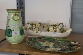 GEORGE JONES MAJOLICA STRAWBERRY SET (A.F.), BUTTERFLY PLAQUE AND CYLAMEN VASE (3)