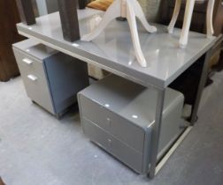DWELL GREY METAL DESK WITH PEDESTAL, PLUS A MATCHING CHEST OF DRAWERS