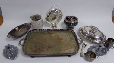 MIXED LOT OF ELECTROPLATE, to include: TWO HANDLED OBLONG GALLERIED TRAY, with plain centre and