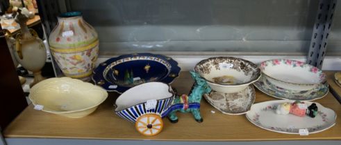 A LARGE ARCADIAN DECORATIVE BOWL, AN ITALIAN FLORAL VASE, AN ITALIAN DONKEY AND CART AND OTHER ITEMS