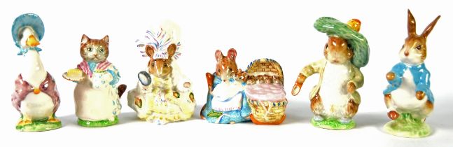 SIX BESWICK BEATRIX POTTER CHARACTER FIGURES, five with Gold backstamps namely 'HUNCA MUNCA', '