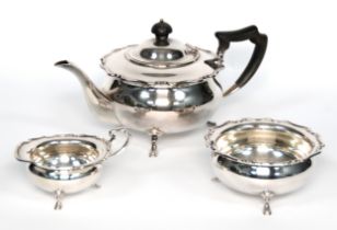 ELECTROPLATED TEA SERVICE OF THREE PIECES, circular and bulbous with shaped edge to the shoulder,