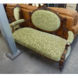 VICTORIAN CARVED WALNUT FRAMED DRAWING ROOM SETTEE AND A SINGLE CHAIR ENSUITE, COVERED IN GREEN