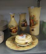 SIX PIECES OF AYNSLEY ‘ORCHARD GOLD’ FRUIT PRINTED CHINA, VIZ THREE VASES, A TRINKET BOWL AND COVER,
