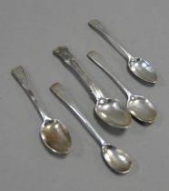 FOUR GEORGE III AND LATER SILVER TEASPOONS including a KINGS PATTERN EXAMPLE, crested, London