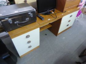 1970’S TEAK AND WHITE FRONTED SINGLE PEDESTAL DRESSING TABLE, WITH THREE DRAWERS AND A CHEST OF
