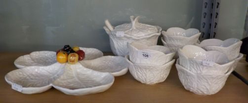PORTUGUESE CERAMIC CABBAGE LEAF SOUP TUREENS AND BOWLS, PLUS A SIMILAR HORS D'OEUVRES DISH AND