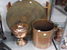 COPPER SAMOVAR, COAL BUCKET AND BRASS TOP TRAY TABLE [3]