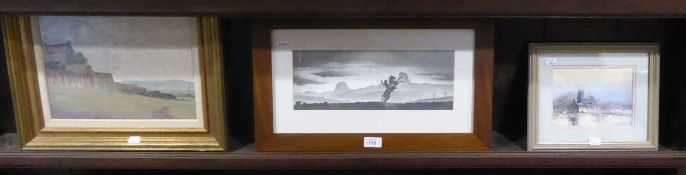 BRIAN BARLOW WATERCOLOUR 'EVENSONG' A DAVE HARTLEY PENCIL DRAWING 'TRIGGER HAPPY' AND AN OIL