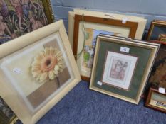 A SET OF FOUR PRINTS ON SILK, FLOWER SUBJECTS, IN PINE FRAMES; A PAIR OF SMALL ARTIST SIGNED LIMITED