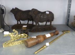TWO CAST IRON DOOR STOPS, FIGURED AS RAMS, PLUS OLD SCALE WEIGHTS AND A WOODEN PRIEST FIGURE ETC..