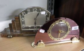 AN ART DECO ELECTRIC MANTEL CLOCK, OF WOOD AND CHROME STEPPED DESIGN, TOGETHER WITH AN ART DECO PINK