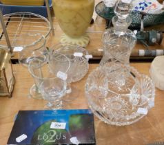 A PAIR OF BOXED ROYAL COPENHAGEN GLASS CANDLE HOLDERS; THREE GLASSES; A CUT GLASS DECANTER; TWO