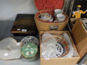 JAPANESE LACQUERED BOX AND COVER, A CHINESE PORCELAIN TEAPOT AND 6 CUPS IN WICKER CASE, ORIENTAL