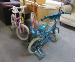 CHILD'S 'ARIEL' BICYCLE WITH STABILIZERS, ANOTHER PINK ANGELS AND A TRIANG METAL FRAMED SCOOTER WITH