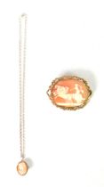 VICTORIAN LARGE OVAL SHALL CAMEO BROOCH depicting a woman character pulled by three leaping