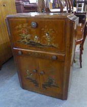 1950’S WALNUT AND CHINOISERIE LACQUER DECORATED COCKTAIL CABINET