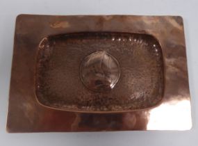 ARTS AND CRAFTS PLANISHED COPPER SMALL OBLONG DISH, with a ship engraved to the dished centre,