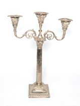 ELECTROPLATED THREE LIGHT, TWIN BRACNCH CANDELABRUM, of Corinthian column form with square base, the
