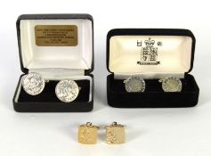 THREE PAIRS OF SILVER, GOLD PLATED and WHITE METAL GENTLEMAN'S CUFFLINKS, one pair formed of