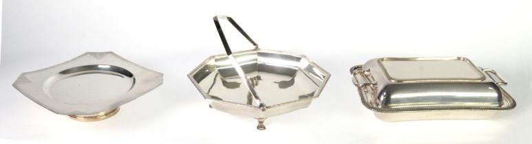 ELECTROPLATE ART DECO SQUARE PEDESTAL CAKE STAND, with canted corners and engine turned borders