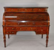 VICTORIAN MAHOGANY DESK, WITH GRANITE TOP AND CYLINDER ROLL OPENING, TO REVEAL DRAWERS AND PIGEON