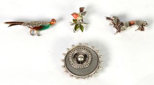 SILVER AND MARCASITE AND EMAMELLED PHEASANT BROOCH; enamelled and marcasite dachshund and robin