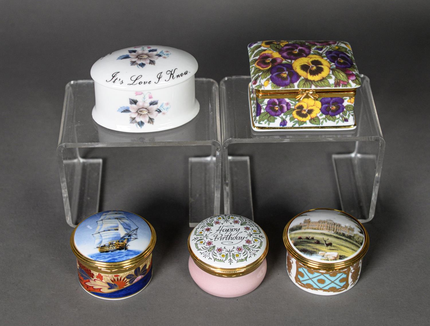 CRUMMELS, ENGLISH ENAMELLED PATCH BOX - Happy Birthday and 4 various CHINA PATCHBOXES and small