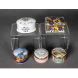 CRUMMELS, ENGLISH ENAMELLED PATCH BOX - Happy Birthday and 4 various CHINA PATCHBOXES and small