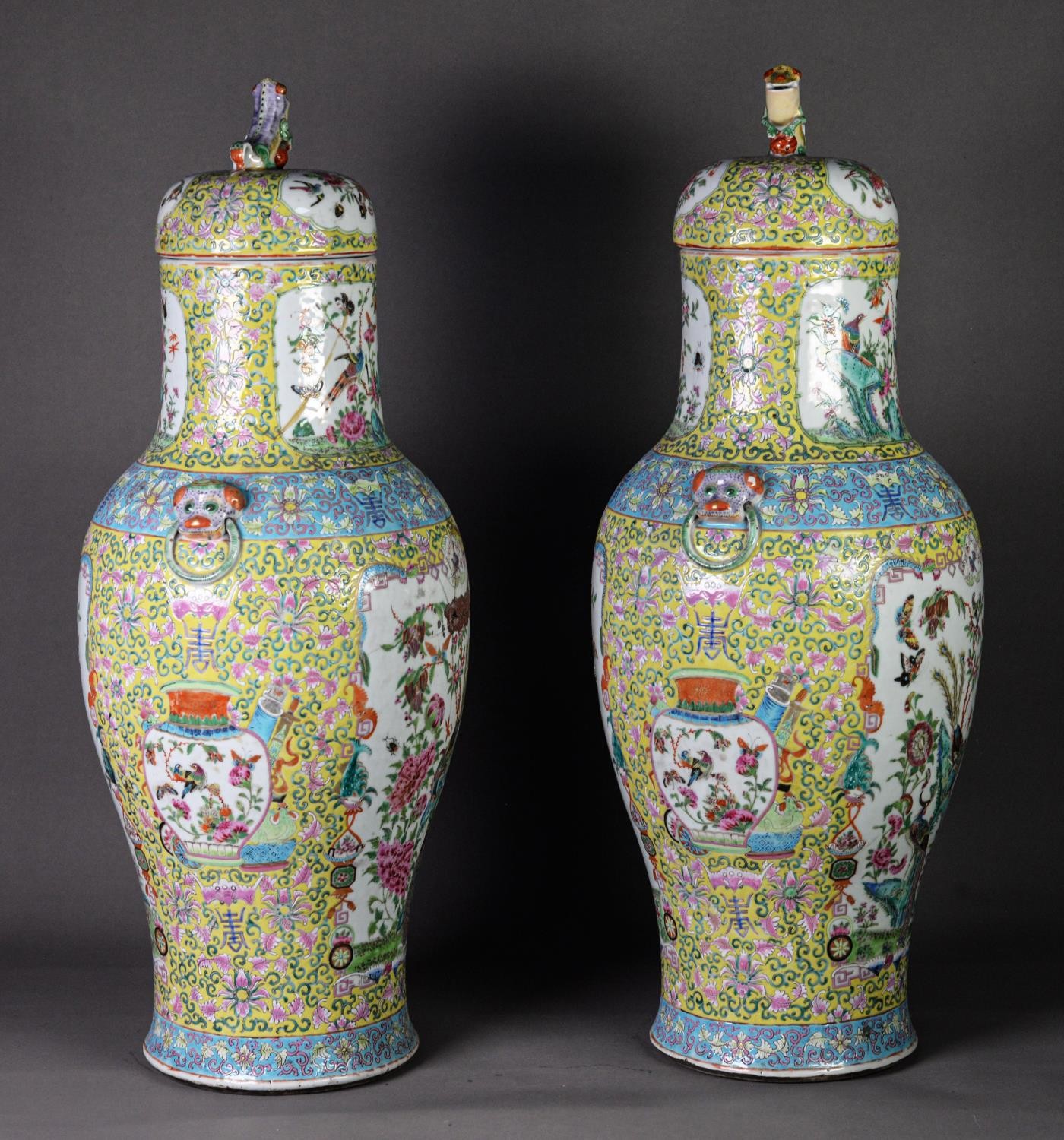 PAIR OF TWENTIETH CENTURY CHINESE FAMILLE JAUNE PORCELAIN LARGE VASES AND COVERS, each of baluster - Image 2 of 6